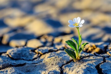 Single white flower growing in cracked earth on white background