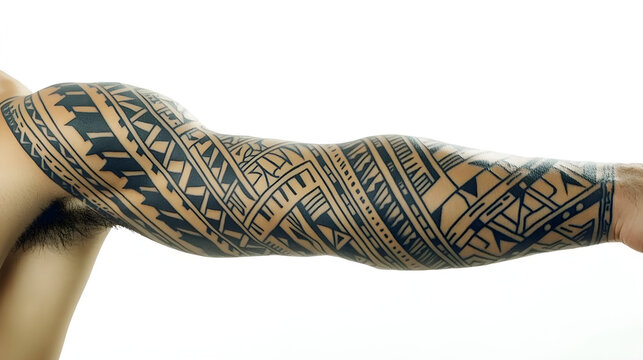 Intricate polynesian tattoo sleeve, traditional patterns, black ink artistry, cultural heritage design, high resolution photo