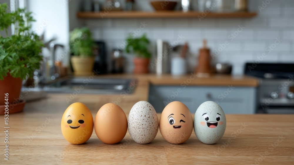 Aufkleber group of eggs with faces drawn on them are arranged on a wooden table. the eggs are smiling and appe
