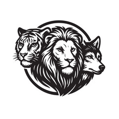 Monochrome logo style illustration of a tiger, lion, and wolf in a circular emblem. Bold lines, fierce expression, isolated on white background. Wildlife Animals.