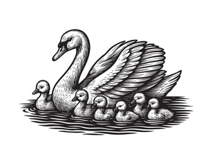 Monochrome vector illustration of a swan and baby swan swimming on water. Elegant family scene in bold ink style, isolated on white background.