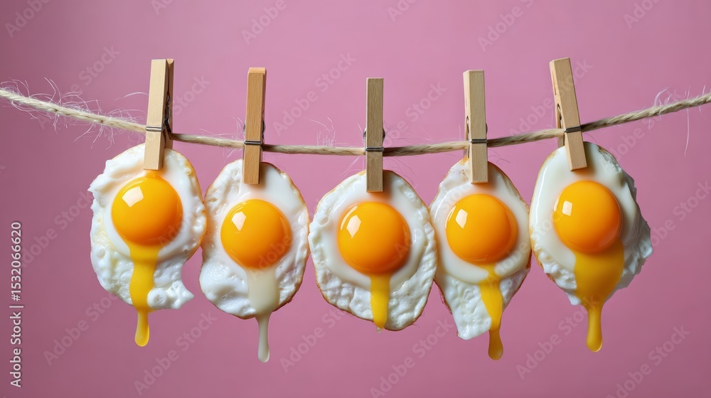Poster row of five eggs are hanging on a clothesline. the eggs are all different sizes and have varying amo