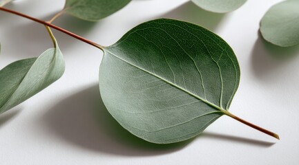 Close-up of a single eucalyptus leaf and stem, with additional leaves scattered in the background, against a clean white surface.  Soft lighting casts subtle shadows