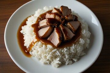 Delicious sliced pork with brown sauce over rice
