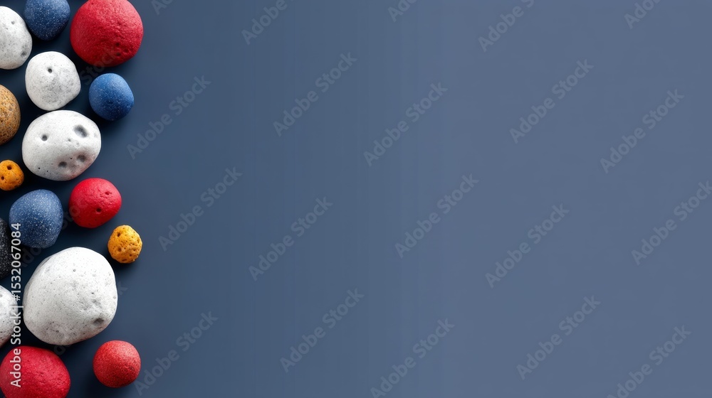 Poster blue background with a bunch of colorful rocks on it. the rocks are of different sizes and colors, a