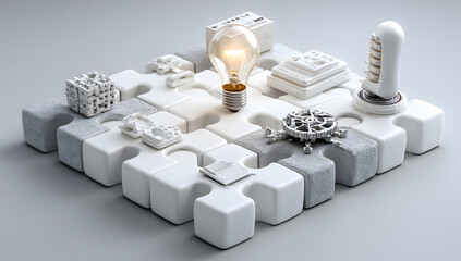 A strategic puzzle representing the key pieces of a successful business plan, where each component fits together to form a comprehensive solution, emphasizing innovation, planning