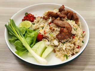 Delicious Fried Rice with Vegetables and Grilled Meat Plated Nicely