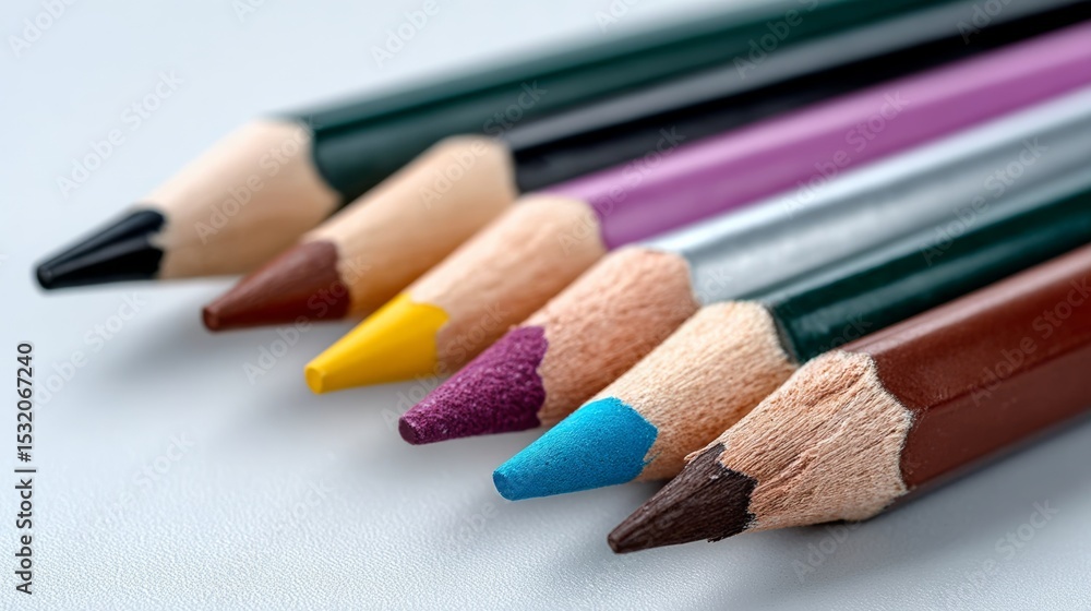 Poster row of pencils with different colors and one with a blue tip. the pencils are lined up next to each 