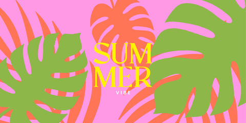 Colorful concept of summer bright background with abstract tropical leaves. minimalist style design templates for celebration, ads, branding, banner, cover, label, poster, sales