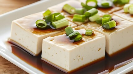 Preparing Tofu with Sauce and Greens on White Plate