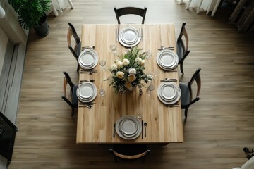 Overhead view of a square wooden dining table set for eight