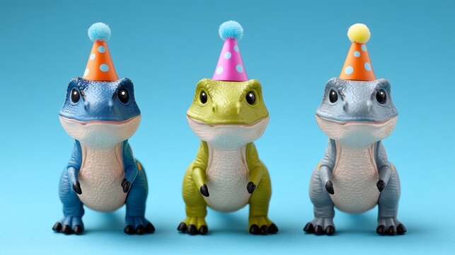 Three dinosaurs wearing party hats. The hats are pink and orange. The dinosaurs are standing next to each other