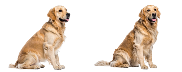 Set of Attentive Golden Retriever Dog Sitting in Profile with Head Turned to Camera, White Background 