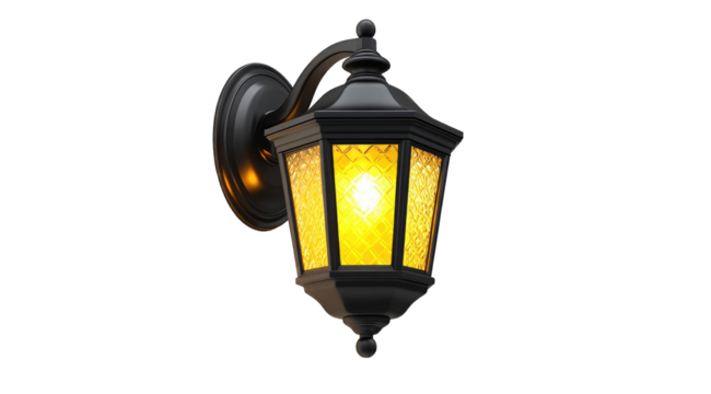 A black, wall-mounted lantern with a warm yellow light emits from behind a textured, amber glass panel. The lantern features ornate detailing and a curved arm