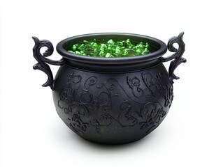 Black cauldron with green liquid on white background