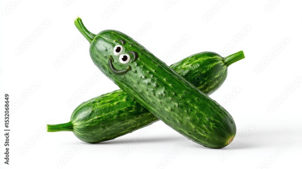 Poster cucumber with a smiley face drawn on it. the cucumber is sitting on a white background