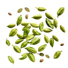 Naklejka premium Top View of Green Cardamom Pods and Seeds – Herbal Spice Composition