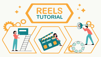 Naklejka premium Illustration of reels tutorial with people, film slate, ladder, and megaphone in orange hexagons