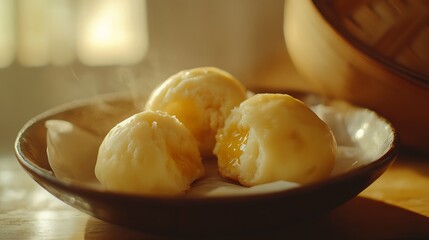 Serving Steaming Buns on a Plate with Sweet Filling