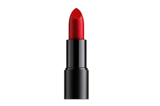A single tube of vibrant red lipstick stands upright against a stark black background, showcasing its sleek, cylindrical design and pointed bullet