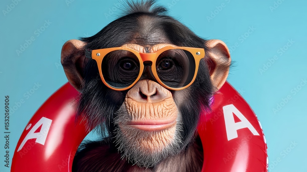 Poster monkey wearing sunglasses and a red life preserver with the letters a on it. the monkey is smiling a