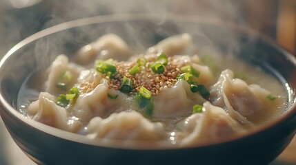Steaming Dumplings in Broth Topped with Green Onions and Sesame Seeds