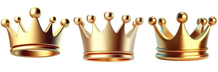 Three golden crowns arranged in a horizontal line up on transparent background © Thamara