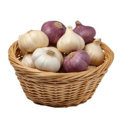 Wicker basket of garlic and onions isolated on white background