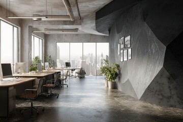 Modern, open-plan office space with large windows offering a cityscape view, featuring exposed concrete, minimalist furniture, and potted plants