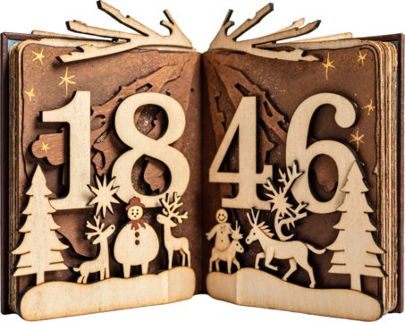 Wooden Christmas Countdown Book with Flip Pages Isolated on Transparent Background for Holiday Decorations and Gift Ideas