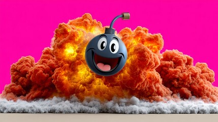 Cartoon bomb is exploding in a cloud of orange smoke. The bomb is smiling and he is happy