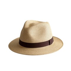 Beige straw fedora hat with brown band isolated on white background