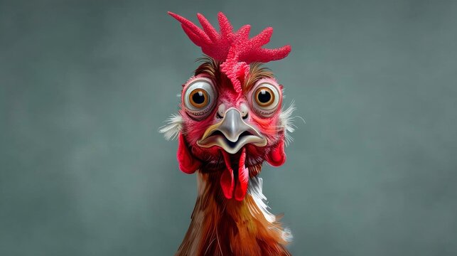 Cartoon chicken with a red hat and red eyes. The chicken is looking at the camera. The image has a playful and humorous mood