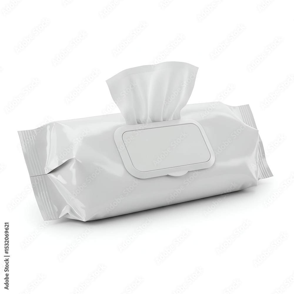 Poster empty package of moist wipes with an open flap displaying clean, smooth surfaces. product packaging 