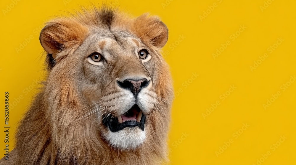 Poster lion is staring at the camera with its mouth open. the yellow background adds a warm and inviting at