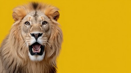 Fototapeta premium Lion is standing in front of a yellow background. The lion has a big smile on its face and is looking directly at the camera