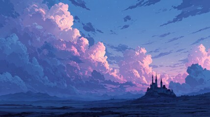 Serene Twilight Over Enchanted Castle Surrounded by Majestic Clouds with Vibrant Colors and Dreamy Atmosphere Captivating the Imagination