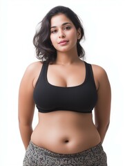 Fototapeta premium Confident woman posing in casual outfit, celebrating body positivity and self-love. Emphasizing natural beauty.