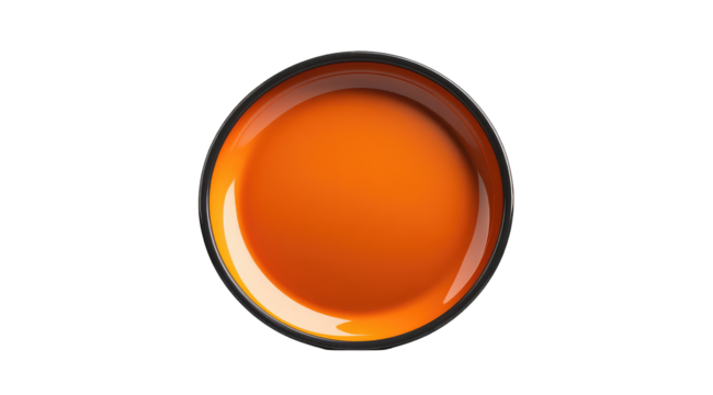 Overhead close-up shot of a round, glossy orange object in a dark-rimmed container, possibly ceramic or plastic, set against a black background, highlighting its vibrant color and smooth surface