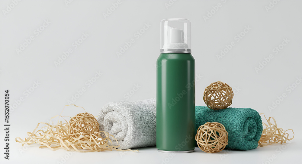 Poster green spray bottle with rolled towels and decorative balls in a spa-like setting. empty bottle and t