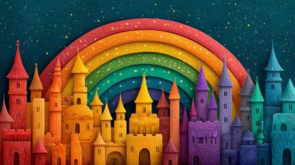 Vibrant Fantasy Castle Landscape with Colorful Rainbow Arches, Stars and Dreamlike Atmosphere for Imaginative Art and Background Creations