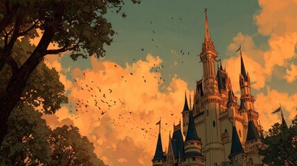 Enchanting Fantasy Castle Under a Vibrant Sunset with Birds Flying in the Sky Surrounded by Lush Green Trees and Dramatic Cloud Patterns