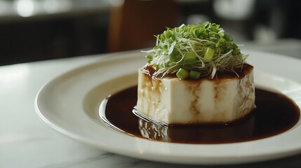 Serving Tofu with Sauce and Sprouts on Plate, Asian Cuisine