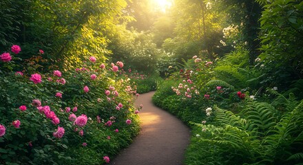 Winding Path with Pink Roses and Lush Greenery in Sunny Garden