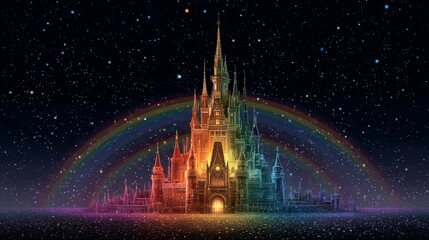 Enchanted castle under a starlit sky with a vibrant rainbow arching, creating a magical atmosphere for dreamers and adventurers who believe in fairy tales.