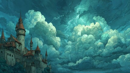 Majestic Fantasy Castle Surrounded by Dramatic Clouds and Lightning in a Mysterious Twilight Sky, Perfect for Art and Imagination Themes