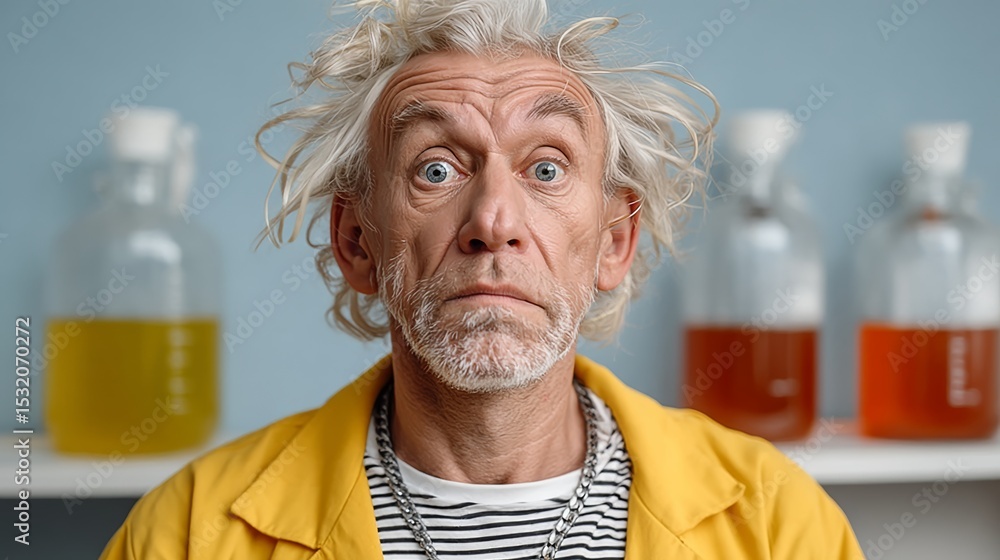 Aufkleber man with a beard and white hair is wearing a yellow jacket and looking at the camera. he is sitting 