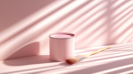 An open can of pale pink paint with a paintbrush gently leaning against it, placed in a minimalistic room with white walls and natural light creating shadows on the floor.