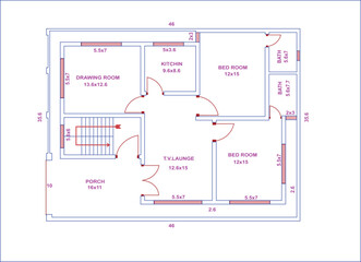 Detailed architectural vector floor plan of a modern residential house with porch, kitchen, drawing room, two bedrooms and attached bathrooms layout.
