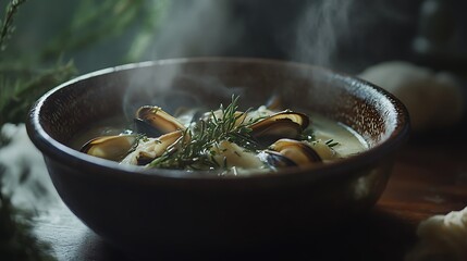 Serving of Steaming Mussel Soup with Herbs in Rustic Bowl